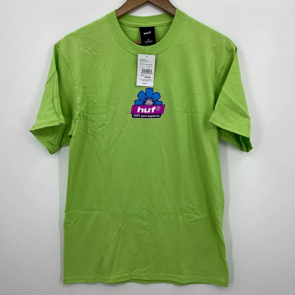 HUF Worldwide T-Shirt Men's Size M Lime Green Flower Logo Graphic Tee New NWT